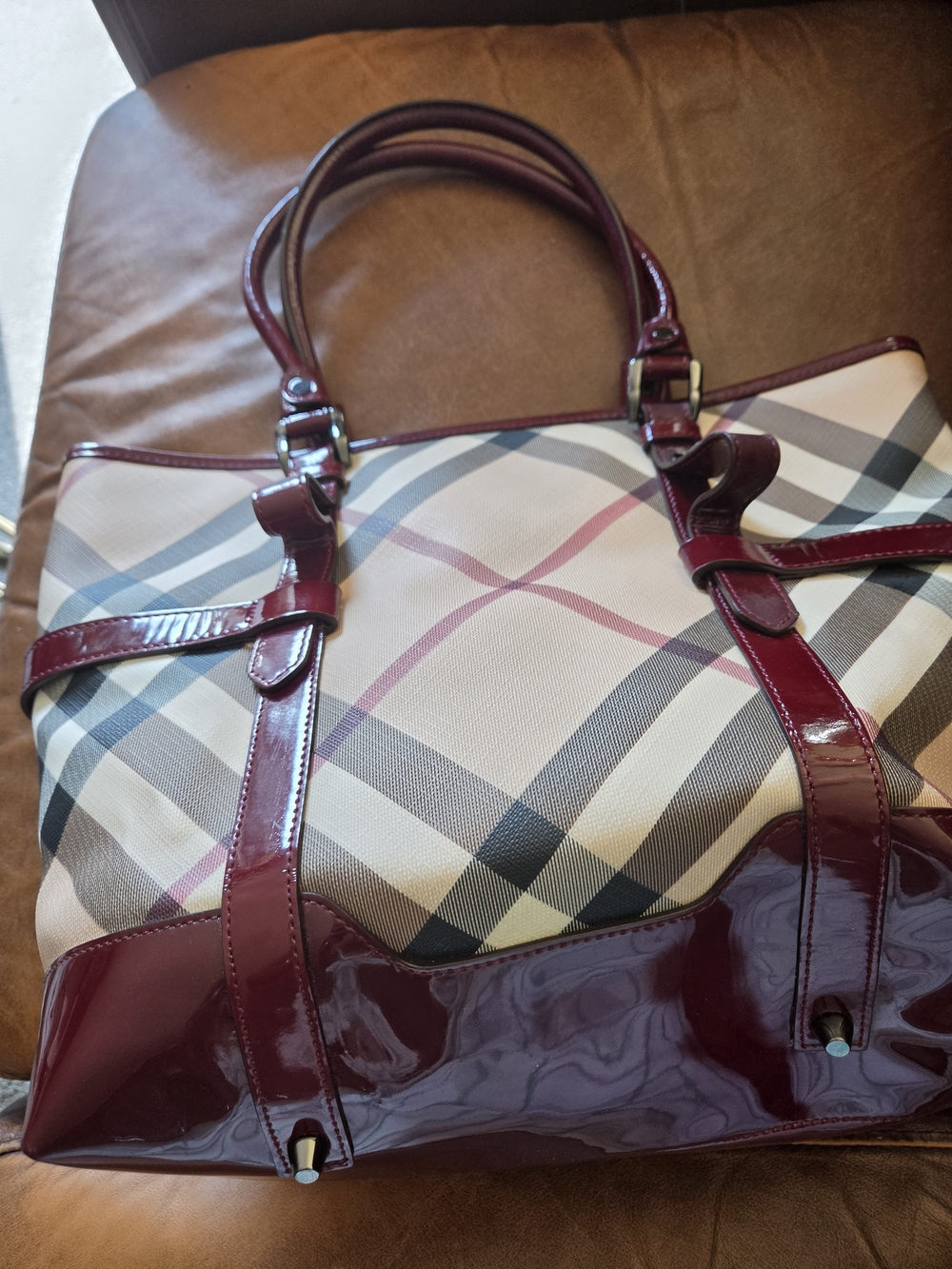 Authentic Burberry Brit Plaid Tote Bag with Burgundy Trim
